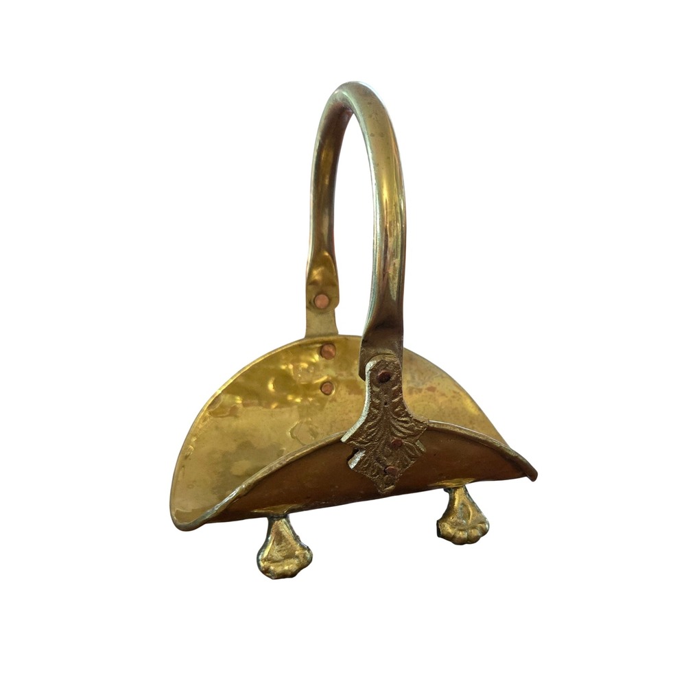 Vintage Brass Miniature Coal Scuttle Hammered Log Basket Lion Paw Feet Decor 5"